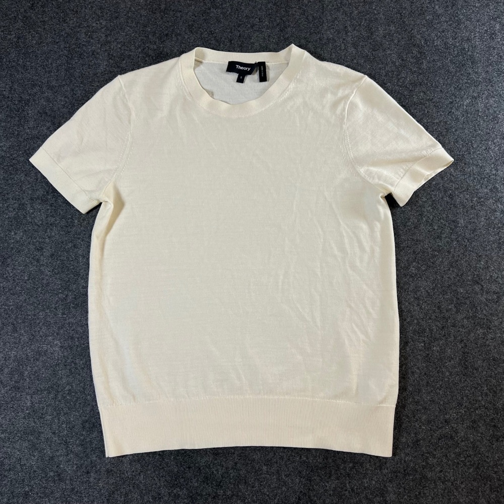 Theory Ivory Regal Wool Short Sleeve Knit Sweater Top Crew Neck Small Luxury